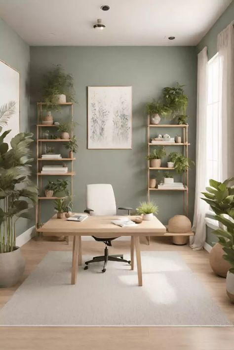 Wellness and Mindfulness Home Office Office Ideas Green Wall, Office For Creatives, Beige And Green Office, Calming Office Space Ideas, Light Green Office Ideas, Home Office Light Colors, Sage Home Office Ideas, Wellness Office Decor, Muted Green Office