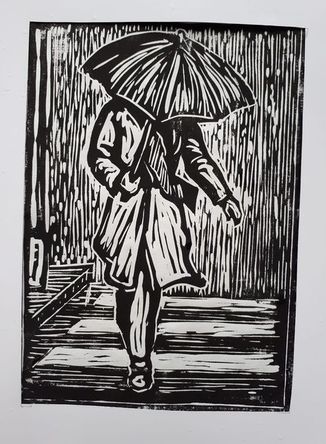 Linoleum Printmaking, Girl With Umbrella, Painting Ideas On Canvas Easy, Woodcut Art, Linoleum Print, Linocut Printmaking, Lino Art, Umbrella Art, Relief Printing