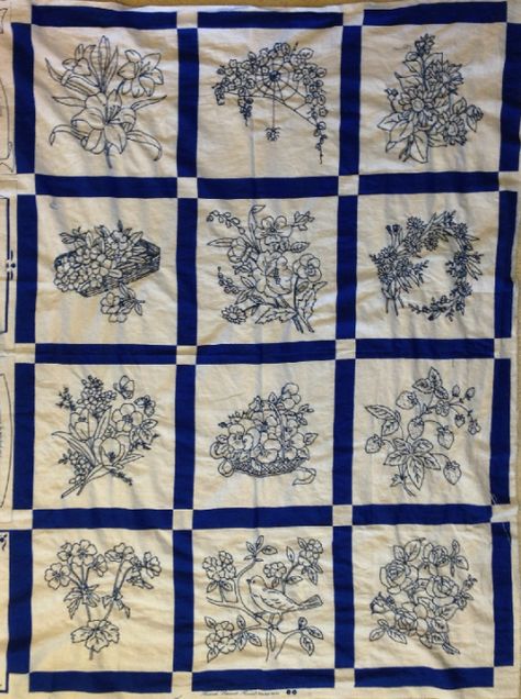 Embroidery Quilt, Redwork Quilts Free Pattern, Redwork Quilt, Bluework Embroidery, Vintage Blue And White Quilts, Blue And White Applique Quilts, Blue And White Patchwork Quilt, Crazy Quilt Stitches, Redwork Embroidery