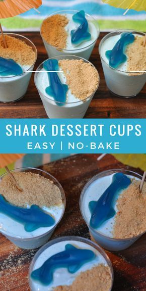 Easy Kid Snacks- Shark Cups | A fun way to celebrate shark week or an under the sea birthday party. Shark Bait Snack, Shark Jello Cups, Shark Week Food, Dessert Cups Easy, Shark Snacks, Kids Birthday Party Food, Shark Craft, Under The Sea Birthday Party, Easy Snacks For Kids