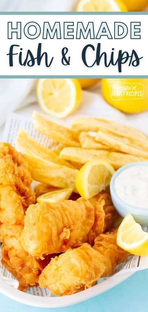 These Homemade Fish and Chips are crispy, flavorful, and delicious. When made right, this recipe rivals anything you can buy near the ocean. Tender, flaky fillets battered and fried in hot oil to golden perfection, and served with crispy homemade French fries, this meal hits the spot any day of the week. Fish And Chips Recipes, Fish And Chips Batter Recipe, Cod Fish And Chips Recipe, Homemade Fish Fry Breading, Fish And Chips Recipe No Beer, Fish And Chip Batter, Fish & Chips, Fish Chips Recipes, Homemade Fish Batter