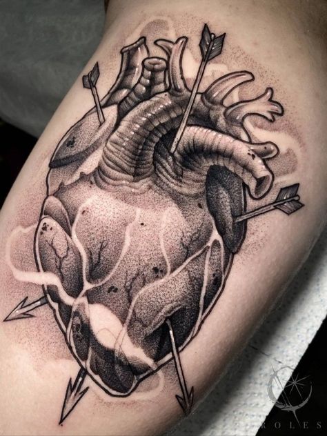 Stippling Tattoo, Anatomical Heart Art, Gothic Tattoos, Amazing 3d Tattoos, Red Heart Tattoos, Anatomical Heart Tattoo, Realistic Tattoo Sleeve, 3d Tattoos, Tattoo Portfolio