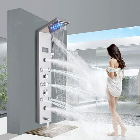 FUZ Contemporary Shower Panel Tower System Stainless Steel 6-Function Faucet LED Rainfall Waterfall Shower Head + Handheld Sprayer + Rain Massage Body Jets + Tub Spout,Brushed Nickel - Amazon.com Doorless Shower Design, Shower Tower Panel, Waterfall Shower Head, Shower Tower, Bathroom Shower Panels, Led Shower Head, Shower Jets, Shower Wall Panels, Contemporary Shower