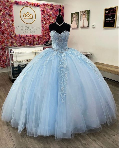 Baby blue quinceañera dress Light Blue Poofy Dress, Light Blue Prom Dress Poofy, Sky Blue Sweet 16 Dress, Quncie Dresses Light Blue, Winter Quinceanera Dresses Light Blue, Cinderella Sweet 16 Dresses, Light Blue Quinceanera Dresses Long Sleeve, Light Blue Dress Quinceanera, Blue And White Quince Dress