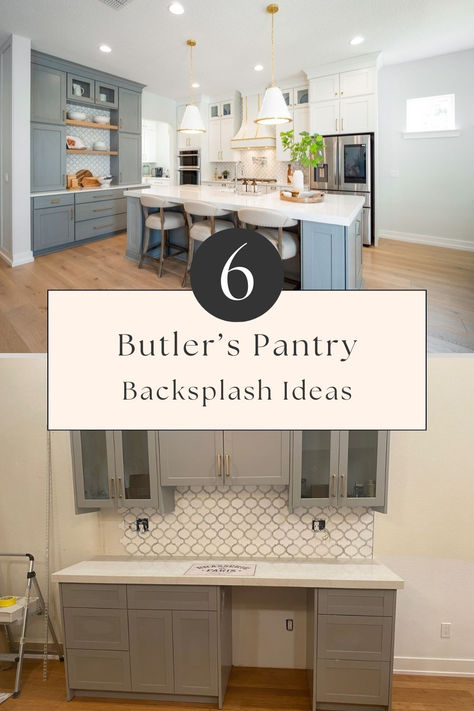 Kitchen and butler's pantry with matching tile backsplash and close up of kitchen buffet and hutch with arabesque style tile backsplash Butlers Pantry Tile Backsplash, Pantry Backsplash Ideas, Pantry Tile Backsplash, Pantry Backsplash, White Beveled Subway Tile, Modern Wall Tiles, Beveled Subway Tile, Butler’s Pantry, Pantry Wall