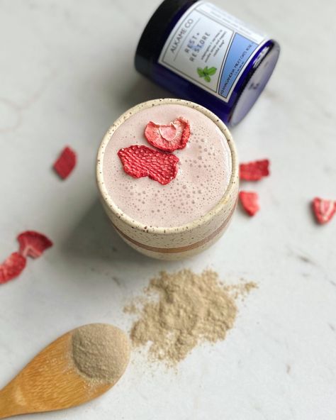 Strawberry Moon Milk — ALKAME CO Dehydrated Strawberries, Moon Milk, Vanilla Bean Powder, Strawberry Moon, Strawberry Moons, Strawberry Slice, Night Cap, Fresh Strawberry, Vanilla Bean