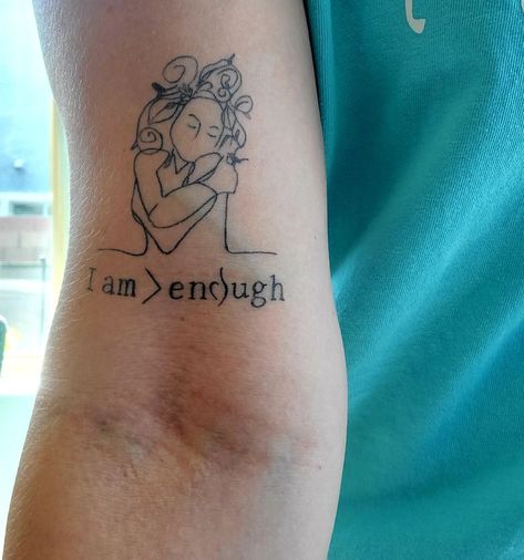 Photo of women's forearm with black ink line tattoo of a woman with arms crossed over chest and curly hair with three smalls birds nesting in the curls. Her eyes are closed and below her the phrase "I am > enough" is written in black ink. More Than Enough Tattoo, I Am More Than Enough, Enough Tattoo, Empowering Tattoos, Health Tattoo, Rupi Kaur, More Than Enough, The Poem, I Am Enough