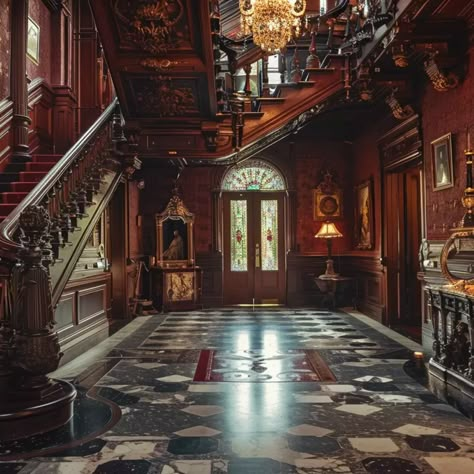 Entrance and Main Hall Grand House Entrance, Vintage Mansion Interior, Victorian Manor Interior, Gothic Foyer, Old Mansion Interior, Dark Wood Mansion, Manor House Aesthetic Dark, House Interior Entrance, Grand Hall Aesthetic