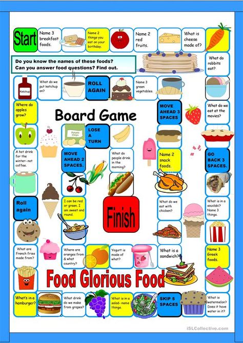 Food Boardgame - English ESL Worksheets for distance learning and physical classrooms Board Game Food, Esl Board Games, Food Glorious Food, Esl Games, Printable Board Games, Food Vocabulary, Simple Present, Esl Activities, English Games