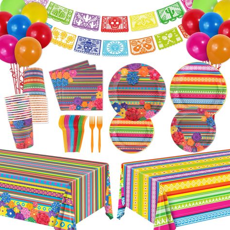 PRICES MAY VARY. Mexican Party Tableware Serve 24: You will receive everything you need for a party of 24 guests - 24x 9" paper dinner plate, 24x 7" paper dessert plates, 24x plastic food forks, 24x 9oz cups, 24x paper napkins (6.5" x 6.5" folded), 2pcs 54" x 108" disposable plastic tablecloth(in 2 styles), 1 set paper banner, 24x 12" latex balloons. Trustworthy Quality: Our Cinco De Mayo party decorations are made of high quality food-grade paper and are printed with water-based ink, safe and r Taco Birthday, Mexican Fiesta Decorations, Mexican Party Decorations, Fiesta Birthday Party, Fiesta Decorations, Fiesta Birthday, Paper Banners, Plastic Tablecloth, Mexican Party