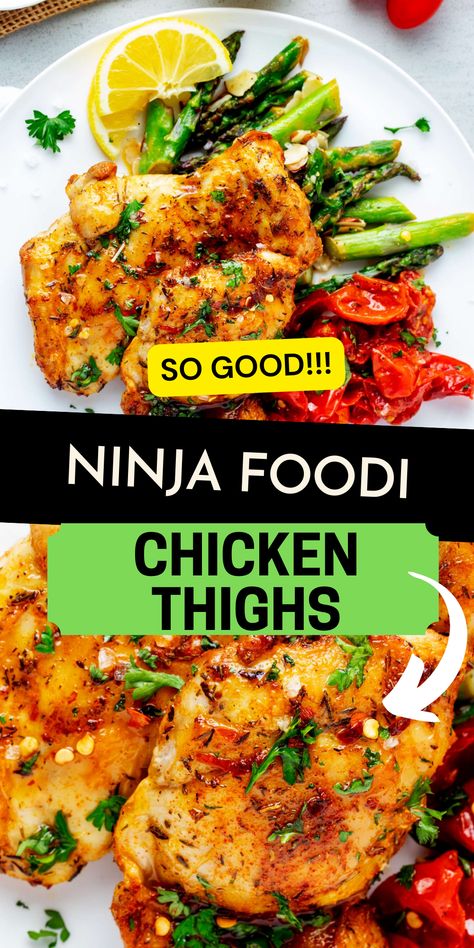 Looking for a super-easy crowd-pleasing recipe? Look no further than these Ninja Foodi Chicken Thighs! This recipe is perfect for busy weeknights when you want to serve something delicious and satisfying without spending hours in the kitchen. Give this recipe a try, and it is sure to become one of your go-to chicken recipes. Ninja Foodie Chicken Thigh Recipes, Chicken Thigh Recipes Ninja Foodi, Ninja Chicken Recipes, Chicken Recipes Ninja Foodi, Ninja Foodi Recipes Chicken, Ninja Foodi Chicken Thighs, Ninja Foodi Possible Cooker Pro Recipes, Ninja Foodi Chicken Recipes, Quick Pasta Dishes