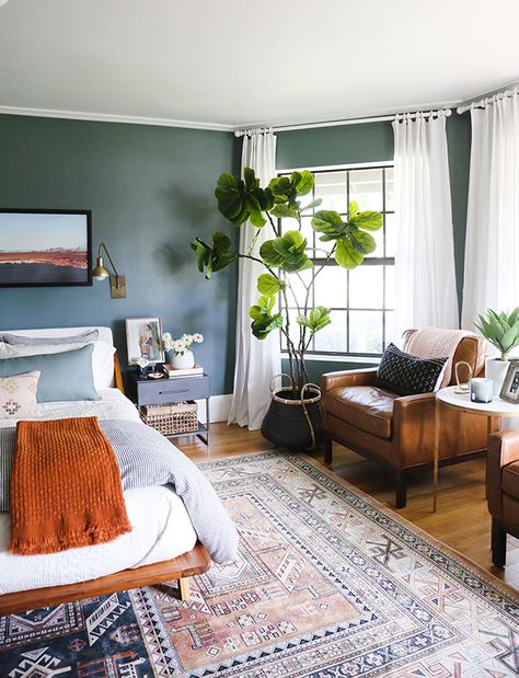 Green Bedroom Reveal - Juniper Home Valspar Coastal Dusk Jenny Komenda, Casa Vintage, Green Bedroom, Green Walls, Bedroom Green, Master Bedrooms Decor, Rustic Bedroom, Large Bedroom, Decoration Wall