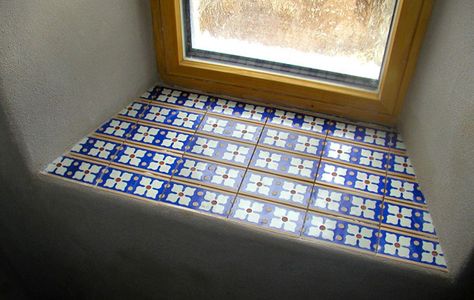 tiled windowsill with seconds Tile Window Sill, Tiled Window Sill, Cellar Conversion, Mosaic Window, Mosaic Windows, Window Seat Design, Window Ledge, Italian Garden, Natural Building