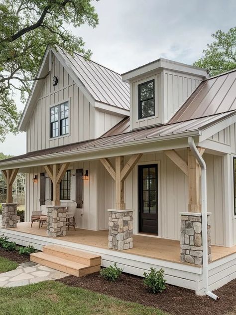 Beige House Exterior, Small House Exteriors, Scandinavian Cottage, Tiny House Exterior, House Front Porch, Cottage Floor Plans, Stone Cottages, Exterior House Color, Paid Off