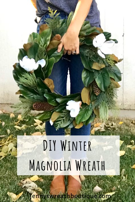 How to make a magnolia wreath for winter, fall, or all year! In this video I teach you how to make a basic two toned magnolia wreath, and how to change it up for fall and winter! Get more use out of your home decor by reusing it for each season! #diychristmas #wreathmaking #wreathtutorial How To Make Magnolia Wreath, How To Make A Magnolia Leaf Wreath, Magnolia Leaves Fall Decor, Magnolia Winter Wreath, Fresh Magnolia Wreath Diy, Magnolia Leaves Christmas Decor, Fall Magnolia Wreath, Christmas Magnolia Wreath, Magnolia Wreath Decor