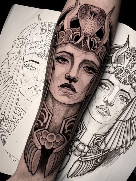 Cleopatra Tattoo Egyptian, Cleopatra Tattoo Design, Tattoo Cleopatra, Egyptian Queen Tattoos, Cleopatra Tattoo, Egypt Tattoo Design, Nefertiti Tattoo, Thigh Piece Tattoos, Egyptian Tattoo Sleeve