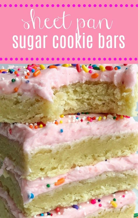 Sugar Cookie Bars | Sheet Pan Cookie Bars | Soft, thick sugar cookie bars topped with a creamy and sweet frosting and baked in a sheet pan. Perfect for a large crowd, potluck, picnic, or a party. #easydessertrecipe #dessert #dessertrecipe #sugarcookiebars #cookiebars Cookie Sheet Cake, Make Dessert, Dessert Oreo, Pan Cookies, Sugar Cookie Bars, Desserts Vegan, Peanut Butter Bars, Large Crowd, Desserts For A Crowd