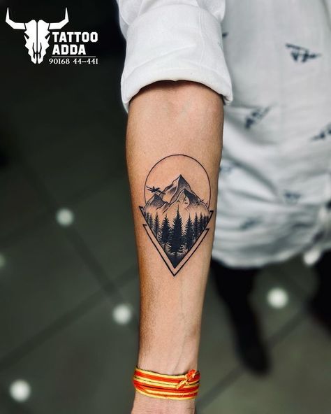 Mountain Tracking, Thumb Tattoos, Full Hand Tattoo, Adventure Tattoo, Finger Tattoo For Women, Forearm Band Tattoos, Bike Tattoos, Back Piece Tattoo, Triangle Tattoos