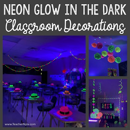 Glow Theme Classroom Door, Grow And Glow School Theme, Glow In The Dark Day At School, School Event Themes, Glow In The Dark Classroom Activities, Black And Neon Classroom Theme, Classroom Ceiling, Elementary Classroom Themes, Early Years Foundation Stage