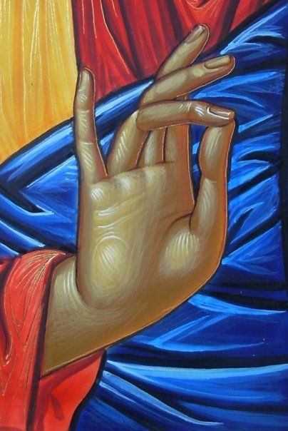 The right hand in Icons is raised to give a blessing.  Symbolically, the fingers spell out “IC XC”, a widely used four letter abbreviation of the Greek for Jesus (IHCOYC) Christ (XPICTOC). Notice the similarities with Buddhist Iconography... Icon Painting, Hand Symbols, Greek Orthodox Church, Hand Gestures, Rome Antique, Orthodox Christian Icons, Hand Gesture, Christian Icons, Byzantine Art