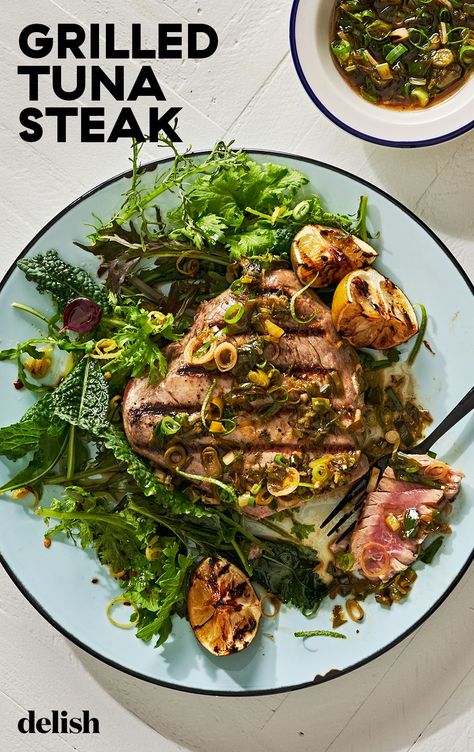 Grilled Tuna Steaks Recipes, Grilled Tuna Steak, Dinner Recipes Vegan, Scallion Sauce, Seafood Ideas, Grilled Tuna Steaks, Simple Dinner Recipes, Tuna Steak Recipes, Spicy Tuna Roll