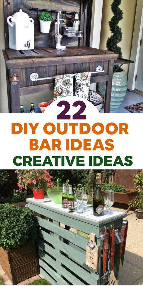 Elevate your outdoor entertaining game with these creative DIY bar ideas that are sure to impress your guests. Transform a wooden pallet into a charming rustic bar by sanding, staining, and adding a reclaimed wood or durable outdoor material countertop. Personalize it further by attaching hooks or shelves for easy storage of glassware, bottles, and other bar essentials. Event Bar Ideas, Shelves For Glassware, Cinder Block Bar, Diy Outdoor Bar Ideas, Diy Bar Ideas, Reclaimed Wood Countertop, Fruit Fly Trap Diy, Diy Bird Cage, Outdoor Bar Ideas