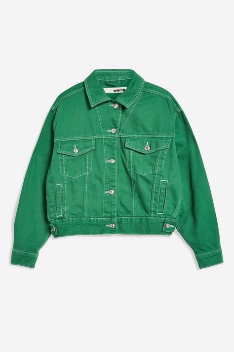 Green Boxy Denim Jacket - Denim - Clothing - Topshop Colored Jean Jacket Outfits, Cheap Trendy Green Denim Jacket, Green Denim Jacket Outfits, Green Cotton Denim Jacket With Pockets, Green Cotton Denim Jacket For Streetwear, Green Cropped Jacket With Pockets, Green Cotton Button-up Denim Jacket, Green Jean Jacket, Jean Jacket Design