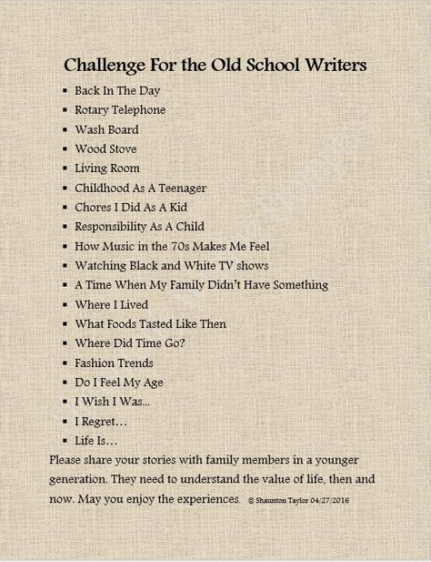 Remember the good old days when blood, sweat and tears were definitely placed into hard work? Where did the time go? I hope the old school writers and storytellers find pleasure in writing and/or sharing their experience with the younger generation. There are stories waiting to be told. Where Did The Time Go, Kid Responsibility, Book Writing Inspiration, Writing Challenge, Creative Writing Prompts, Good Old Days, Blood Sweat And Tears, Book Writing, Old Days