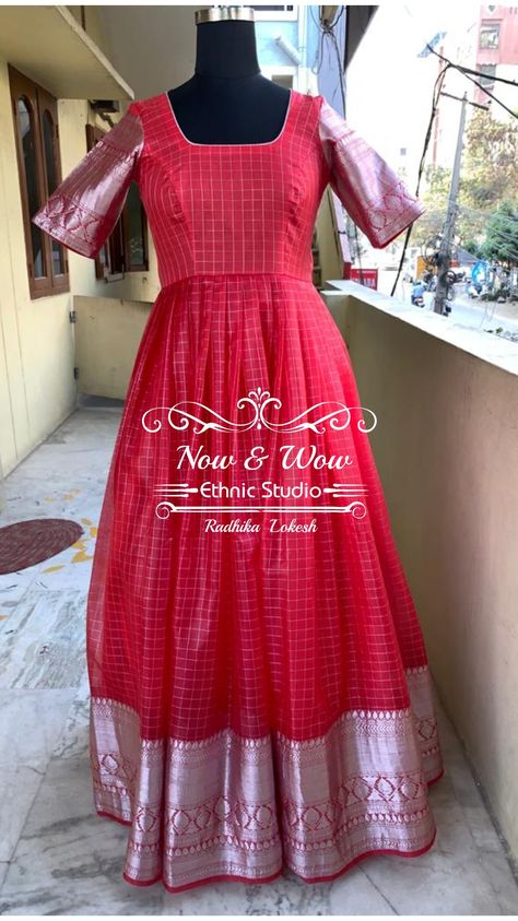 Saree Dress Gowns, Mirror Blouse Design, Gown Dress Party Wear, Frocks And Gowns, Checks Saree, Long Gown Design, Orange Saree, Long Frock