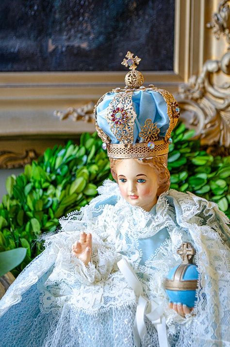 Infant Of Prague, Metal Crown, Child Jesus, Rhinestone Embellishments, John The Baptist, Blue Satin, Lace Overlay, The Crown, Prague