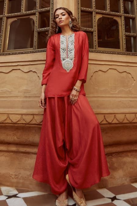 Buy Red Silk Hand Embroidered Dori Work Round V Kurta And Dhoti Pant Set For Women by Avacara Online at Aza Fashions. Co Ords Outfits Indian, Indo Western Outfits For Women, Dori Work, Co Ords Outfits, Dhoti Pants, Indian Party Wear, Beautiful Pakistani Dresses, Stylish Party Dresses, Indian Fashion Dresses