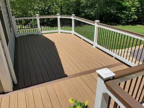 Timber Tech French White Oak Deck, Brown Deck With White Railings, Timber Tech Coconut Husk Deck, Timbertech English Walnut Deck, Brown Composite Deck With White Railing, Timbertech Tigerwood Deck, Deck Privacy, Vinyl Railing, Porch Addition