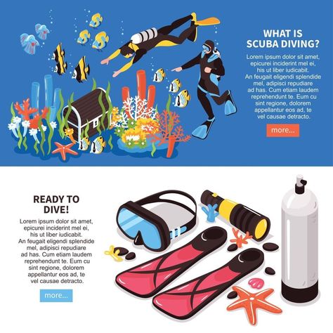 Diver Art, Scuba Diving Courses, Diving Course, Dive Computers, Tropical Ocean, Deep Diving, Flat Design Illustration, Web Banners, Isometric Design