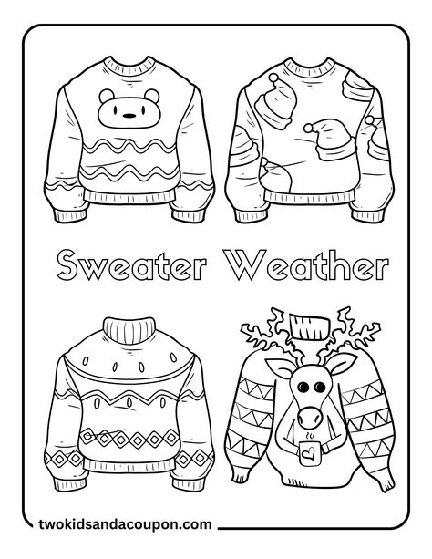 "Celebrate sweater weather this holiday season with a fun collection of free Christmas coloring pages inspired by ugly Christmas sweaters. With fun and laugh out loud designs, these printed sweaters will provide hours of holiday coloring fun for all ages. Print these 7 Free Cute Christmas Ugly Sweater Coloring Pages and use your favorite markers or colored pencils to color your favorite designs. There are several pages to choose from for lots of coloring fun for everyone. " Religious Christmas Crafts, Christmas Ornament Coloring Page, Kids Fathers Day Crafts, Kids Christmas Coloring Pages, Free Christmas Coloring Pages, Monster Craft, Halloween Decorations For Kids, Halloween Craft Projects, Christmas Ugly Sweater