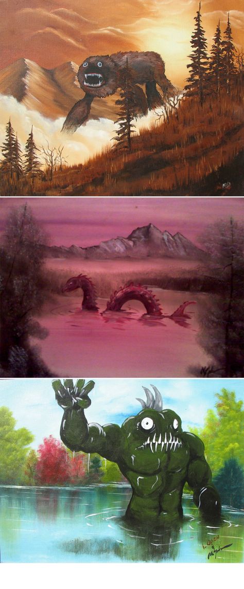 painting monsters over other people's landscape paintings from goodwill ^^ Thrift Store Art, Monster Art, Art Plastique, Altered Art, Art Classes, Dark Art, Amazing Art, Landscape Paintings, Art Projects