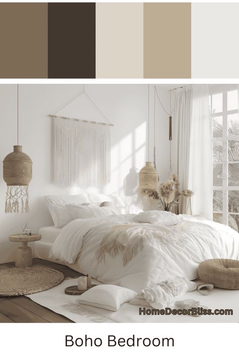 Boho White Bedroom: Natural Wood Accents and Woven Decorations Boho White Bedroom, Clean Boho Bedroom, Bedroom Natural Wood, Bedroom Concept, Natural Wood Accents, White Linens, Minimalist Bohemian, Toddler Bedroom Girl, Tranquil Bedroom