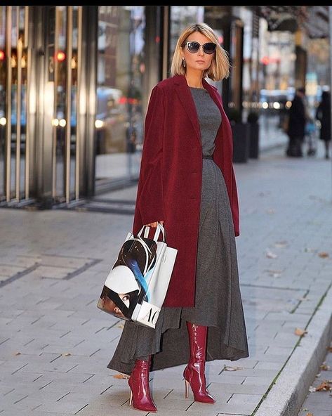 ac796a52db3f16bbdb6557d3d89d1c5adesc48932685ri Burgundy Coat Outfit, Burgundy Boots Outfit, Red Coat Outfit, Grey Dress Outfit, Red Boots Outfit, Burgundy Boots, Fall Fashion Trends Women, Coat Outfit, Grey Outfit