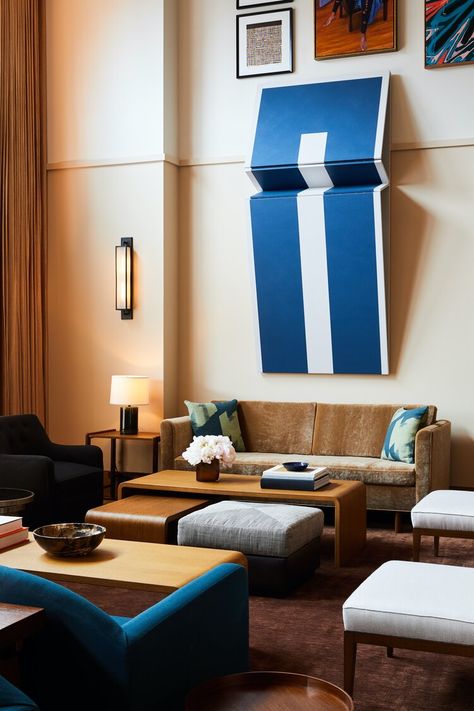 Shinola Hotel — GACHOT Shinola Hotel, Shaker Furniture, Blue Paint Colors, Hotel Project, Retro Interior, Hotel Boutique, Plywood Furniture, A Living Room, Hotels Design