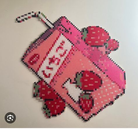 Perler Bead Wall, Bead Wall Art, Bead Wall, Strawberry Milk, Perler Bead, Perler Beads, Figurines, Milk, Beads