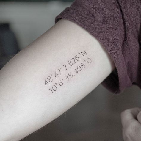 Fineline Forearm Tattoo Women, Coordinates Tattoo Font, Coordinates Tattoo Ideas, Coordinate Tattoo Ideas, Glow Tattoo, Common Tattoos, Coordinates Tattoo, Cuff Tattoo, Unique Small Tattoo