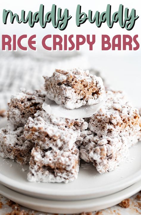 Muddy Buddy Bars - Cooking With Karli Muddy Buddy Rice Crispy Treats, Easy Muddy Buddy Recipe, Muddy Buddy Bars, Muddy Buddy Rice Krispie Treats, Easy Dessert Squares, Buddy Bars, Candy Cookies Recipes, Rice Crispy Bars, Nutty Buddy