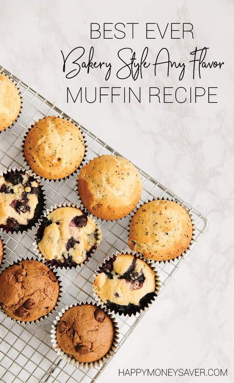 Muffin Batter Recipe, Freezer Muffins, Basic Muffin, Happy Money Saver, Freeze Muffins, Basic Muffin Recipe, Bakery Breakfast, Muffin Flavors, Happy Money