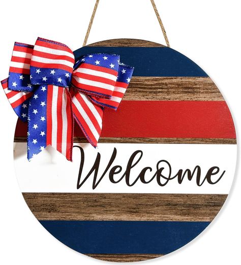 Adurself 4th of July Patriotic Welcome Door Sign 12'' Independence Day Rustic American Wooden Hanging Sign with Bow Round Memorial Day Porch Sign Decor for Home Outdoor Garden Wreaths Decorations Welcome Door Sign, Welcome Door, Sign Decor, Porch Sign, Home Outdoor, Door Sign, Outdoor Garden, Memorial Day, Independence Day