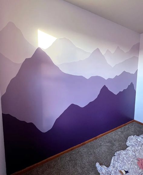 Mountain Gradient Mural 2022 | MURALS Mountain Sunset Wall Mural, Ombre Mountain Mural, Kids Room Wall Paint, Mural Mountains, Mountains Mural, Farm Classroom, Ombre Mountains, Violet Room, Girls Room Paint