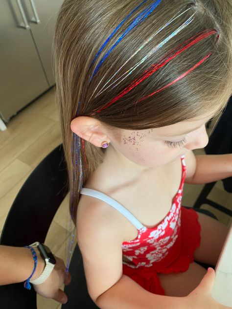 The easiest way to get hair tinsel is to do it yourself! So simple and the kit last forever! 4th Of July Hair Tinsel, Diy Hair Tinsel, Fairy Hair Tinsel, Tinsel Hair Extensions, 4th Of July Hair, Tinsel Hair, July Outfits, Hair Tinsel, Fairy Hair