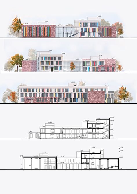 School Plans Architecture Design, Kindergarten Elevation Design, Architecture School Building, Small School Architecture, Elementary School Landscape Design, Kindergarten Building Architecture, Kindergarten Elevation, School Elevation Design Architecture, Kindergarten Architecture Design