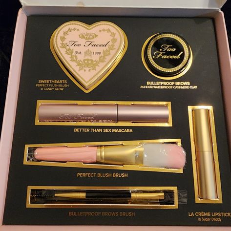 Too Faced All You Need Is Love & Makeup Gift Box, Nwt, Rare! Absolutely Beautiful & Exciting For Any Too Faced Collector Or Fan! Includes Sweethearts Flush Blush In Candy Glow! Includes Everything In Pictures. Some Imperfections. Box Has Some Spots & Small Nic In Sweethearts Blush. Please Review Closely Before Purchasing. Fancy Makeup Products, Too Faced Makeup Aesthetic, French Makeup Products, Pretty Makeup Products, Gift Items For Women, Discontinued Makeup, Two Faced Makeup, Too Faced Blush, Makeup Gift Box