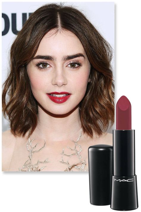 M·A·C Mineral Rich Lipstick in All Out Gorgeous (Lily Collins): deep berry w/ hints of red perfectly complements porcelain complexion Berry Lipstick Makeup Look, Makeup With Berry Lips, Lily Collins Lipstick, Natural Makeup Berry Lip, Soft Red Lip, Berry Red Lips, Berry Lips Wedding Makeup, French Red Lip, Red Lipstick Fair Skin