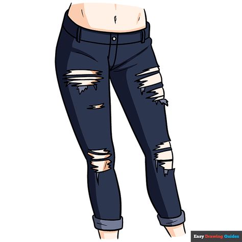 How To Draw Ripped Jeans, Ripped Clothes Drawing Reference, Ripped Jeans Drawing, Manga Female, Anime Pants, Suit Drawing, Jeans Drawing, Hair Stenciling, Pants Drawing