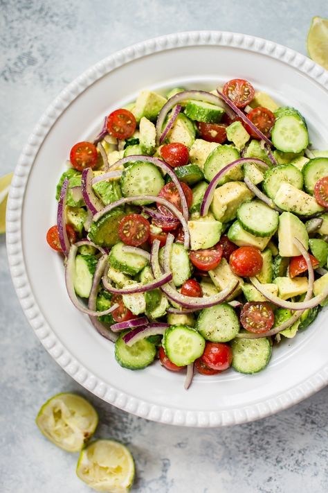 This fresh and bright cucumber tomato avocado salad recipe is incredibly simple to throw together! It goes with everything, and the quick lime dressing is delicious. Tomato Avocado Salad, Warm Weather Recipes, Cucumber Tomato Avocado Salad, Cucumber Avocado Salad, Tomato Avocado, Avocado Tomato Salad, Avocado Salad Recipes, Cucumber Avocado, Cucumber Tomato Salad